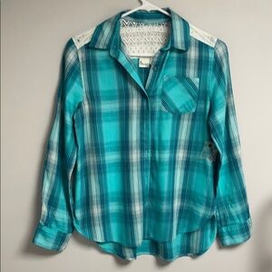 Mudd, teal & white  plaid with lace shirt / top,  Not bulky Flannel 14, NWOT